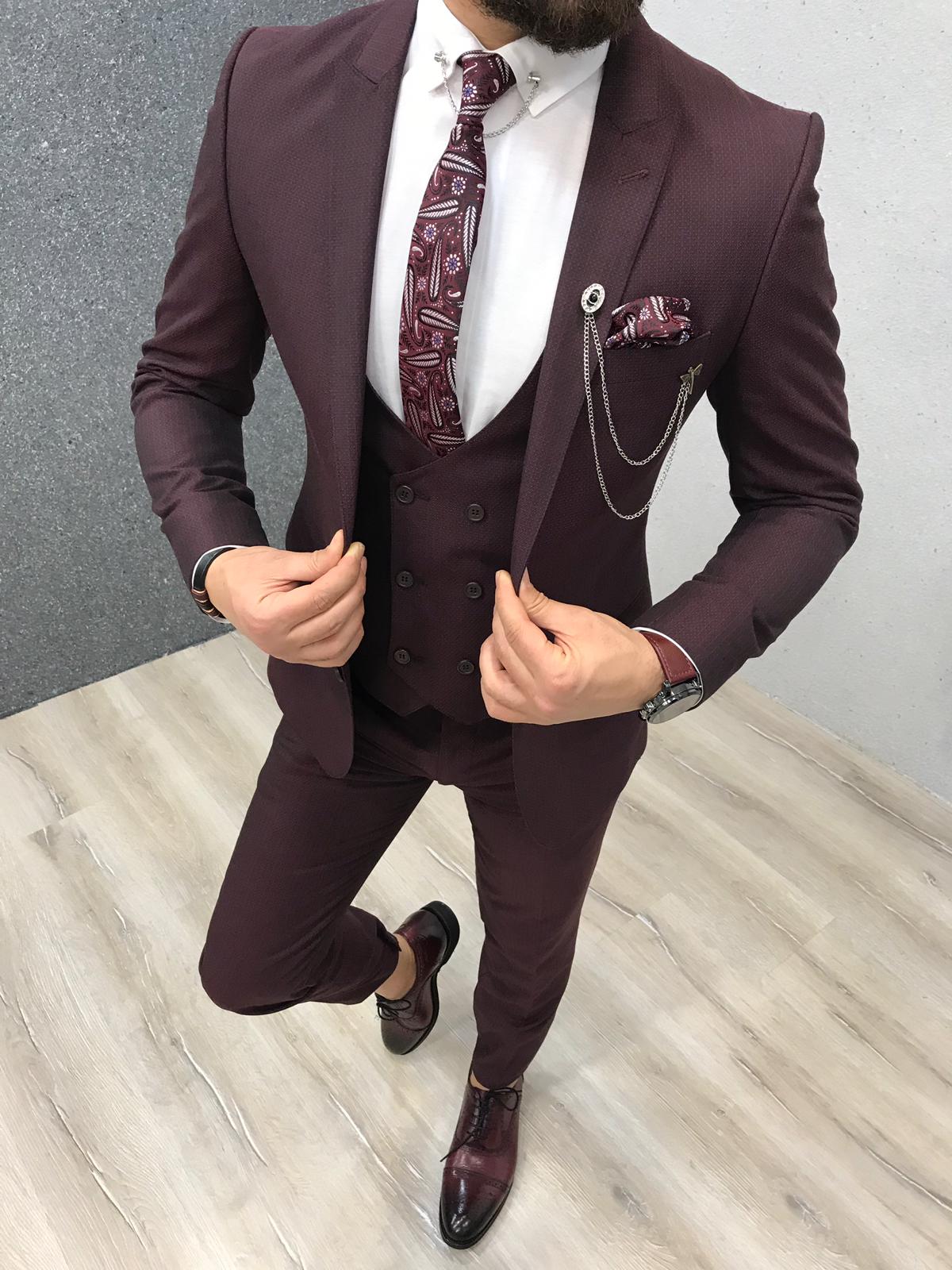 Burgundy Three Pieces Slim-Fit Peaked Lapel Men Suits