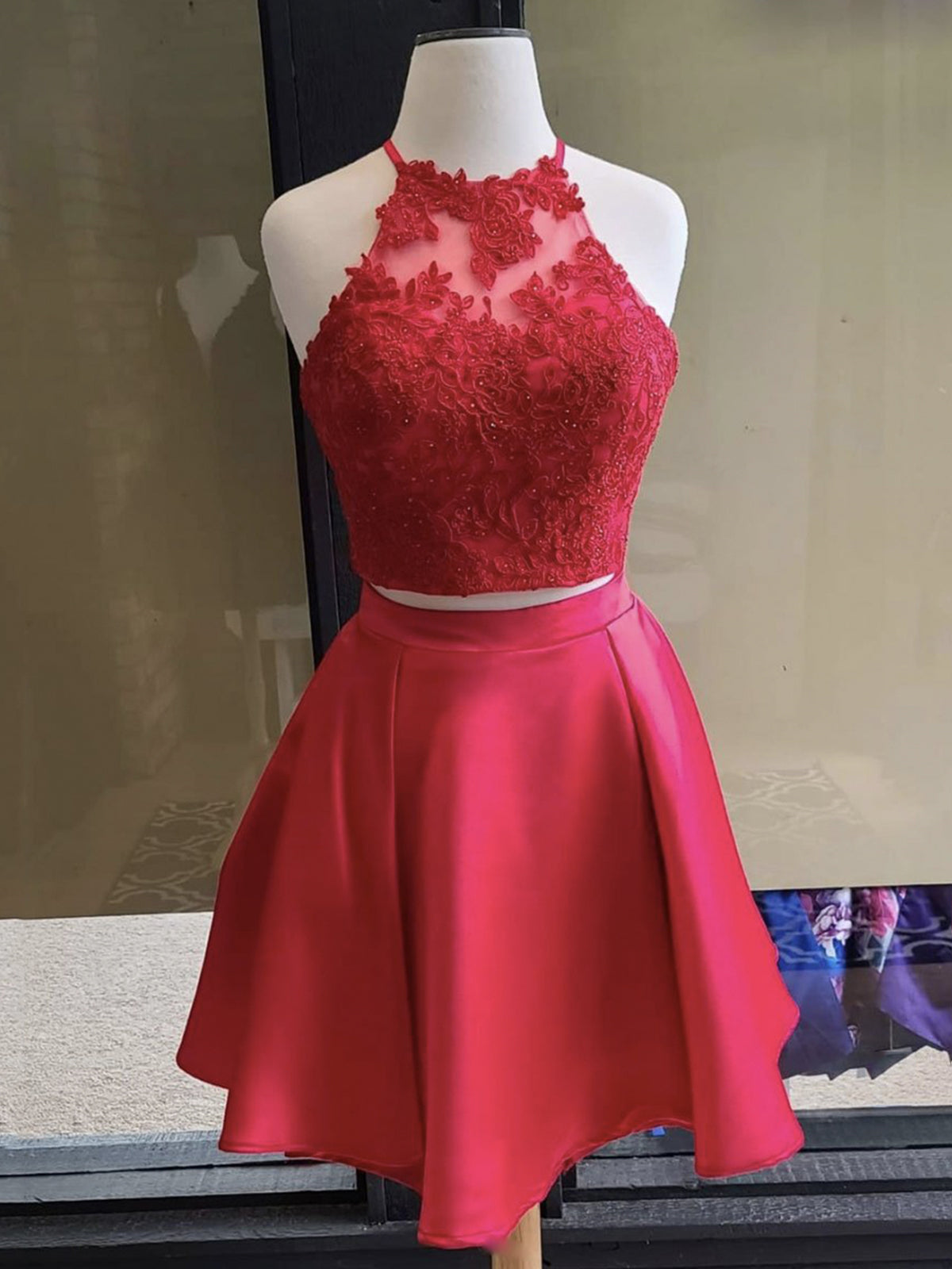 Burgundy Two Pieces A-line Halter Lace Satin Formal Prom Homecoming Dresses - VelvetHem
