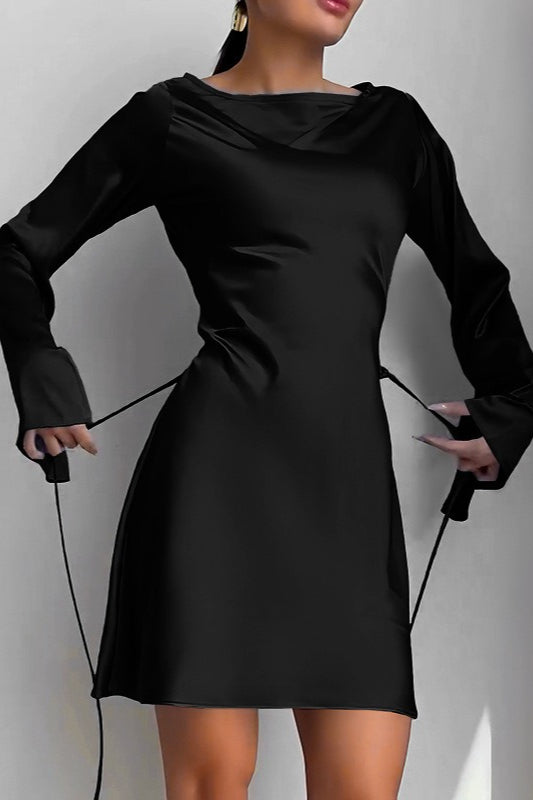Satin Bodycon Belted Mini Silk Dress - View 4 | VelvetHem