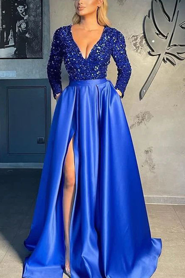 Gorgeous Long Sleeves V-Neck Sequins Satin Prom Dress - View 9 | VelvetHem