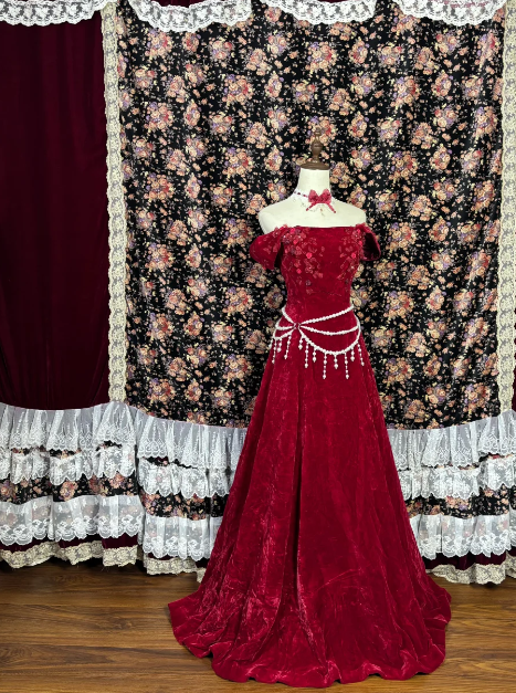 Off The Shoulder Burgundy Prom Party Dress Velvet Evening Dress