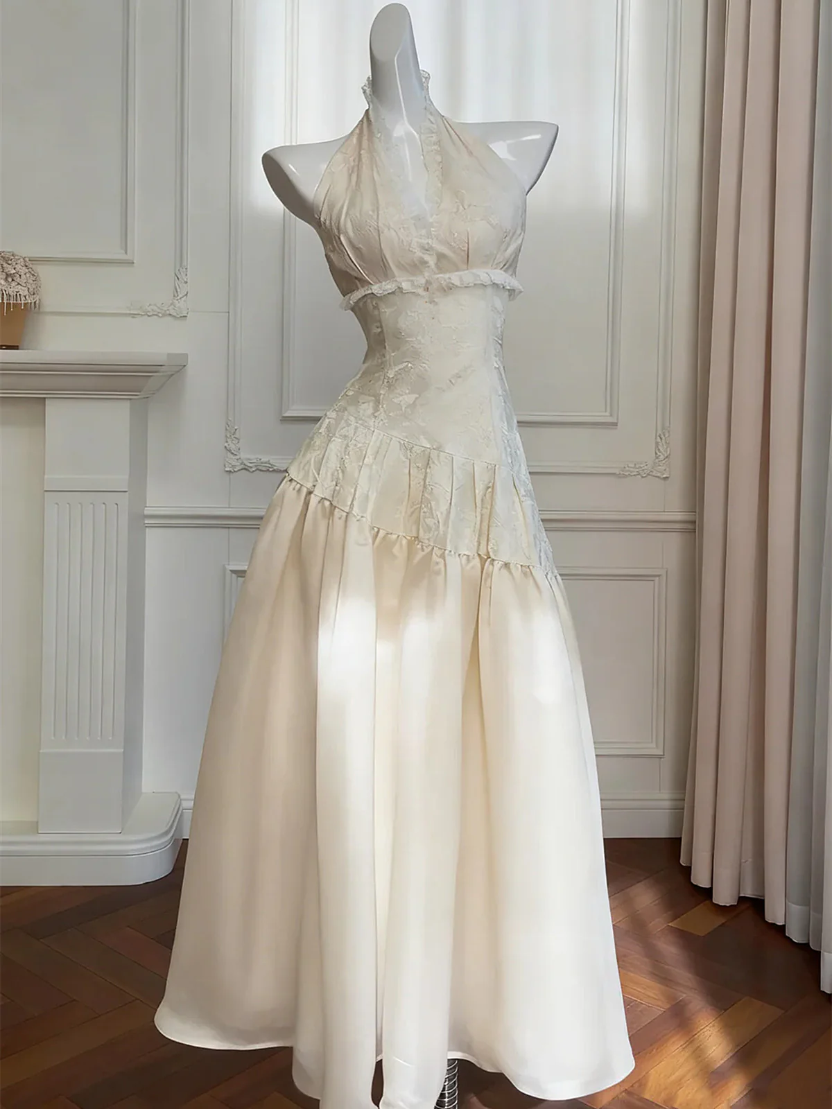 Ivory V-neckline Halter Long Prom Dress, Retro Lace Party Dress Formal Dress - FashionDia