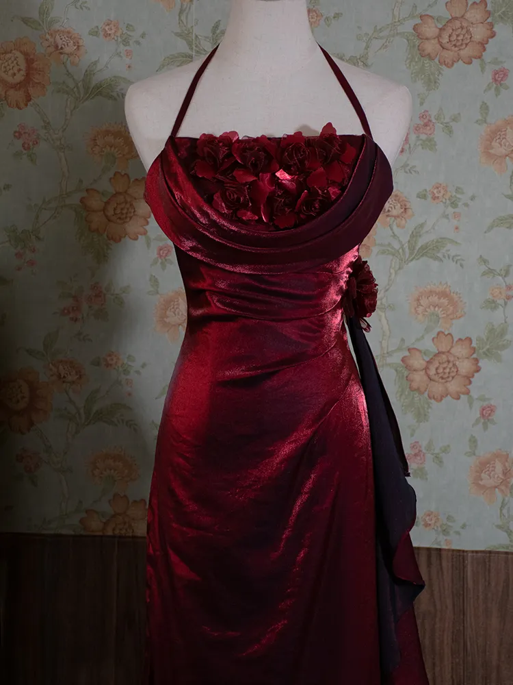 Vintage Burgundy Floral Long Prom Dress Halter Party Evening Gown - View 2 | FashionDia