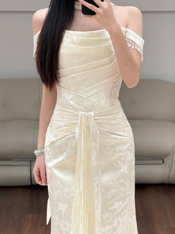 Off-the-Shoulder Cream Prom Party Dress Evening Dress Birthday Dress - View 2 | FashionDia