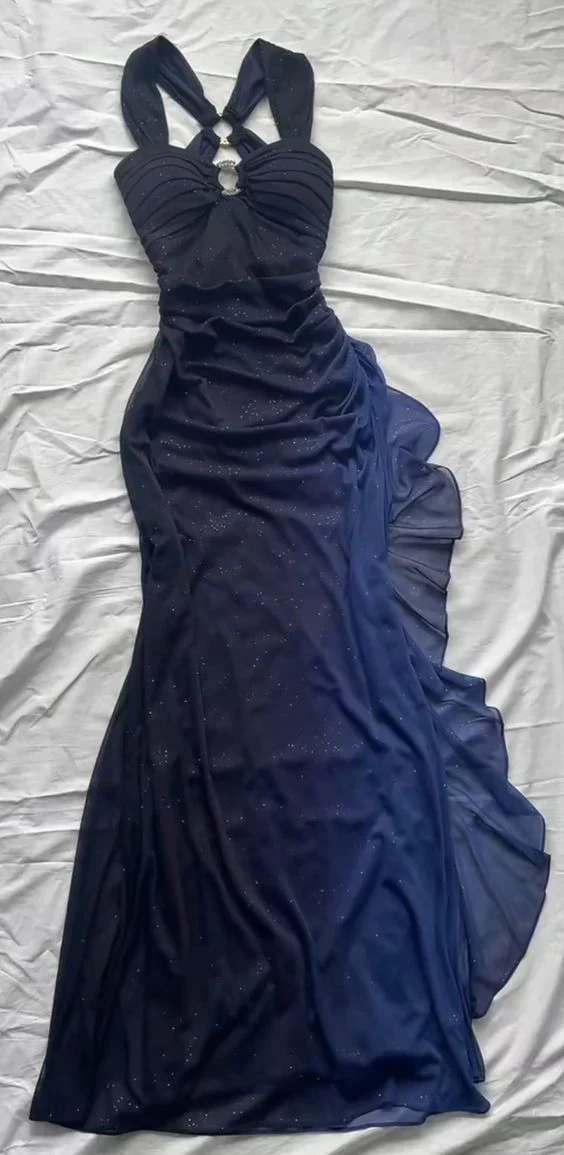 Ombre Grape Navy Blue Chiffon Backless Evening Dress Long Party Prom Gown Y7483 - VelvetHem