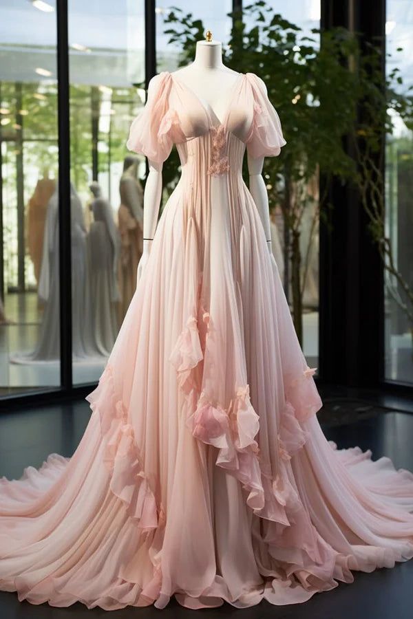 Pink Fashion Elegant A-line Long Tulle Floor-length Evening Dress Ball Gown Wedding Dress - FashionDia