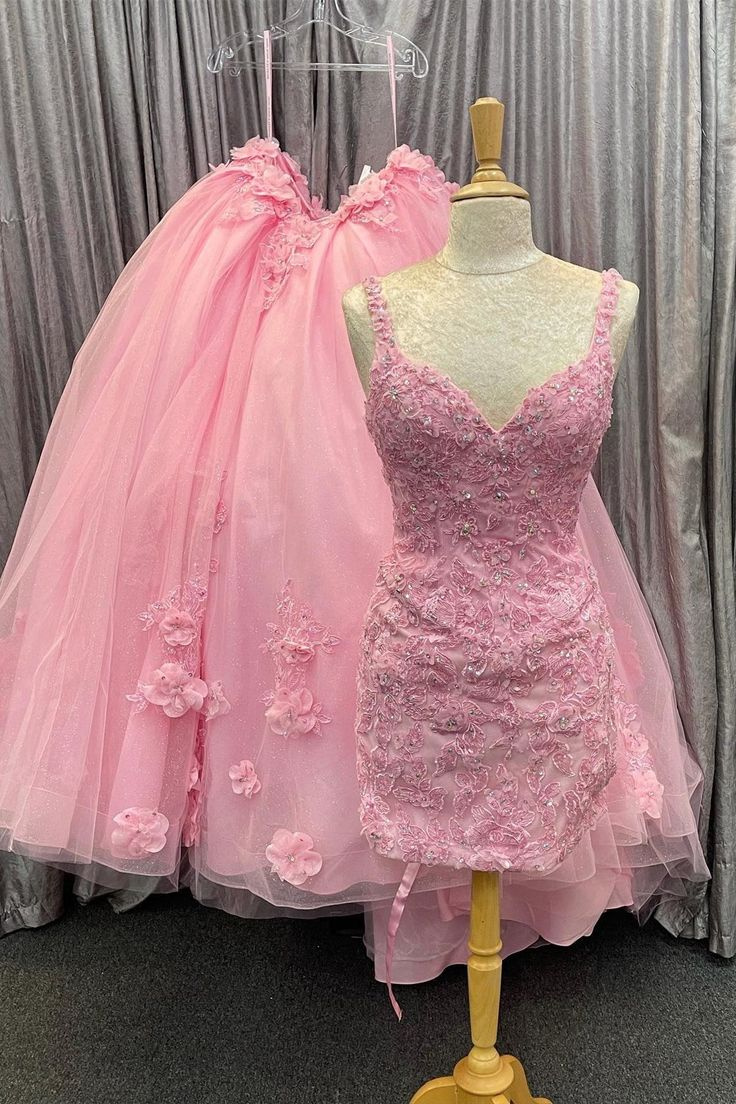 Chic Pink Tulle Floral Appliques Quinceanera Dress Two-Wear Ball Gown - View 3 | FashionDia