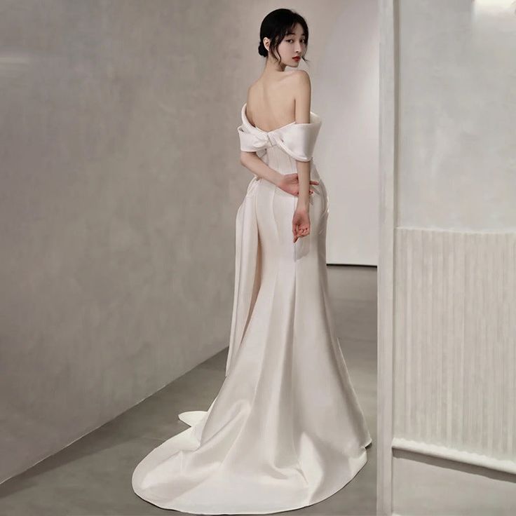 Vintage Off Shoulder Satin Wedding Dress White Mermaid Long Prom Dress with Slit