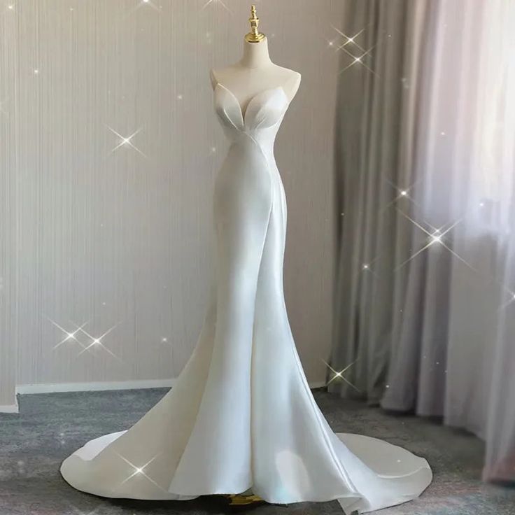 Fairytale White Satin Wedding Dress Mermaid Maxi Dresses for Bride