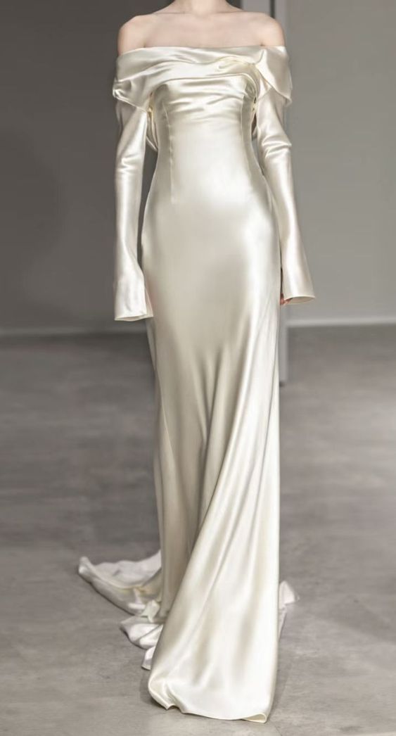 Fairytale Mermaid Scoop Neckline With Long Sleeves Satin Wedding Dress - View 2 | FashionDia