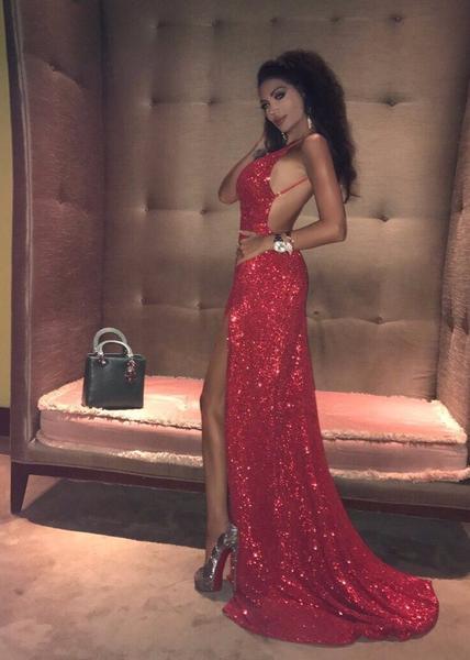 Spaghetti Straps Side Split V-Neck Red Sequins Backless Prom Dress - View 2 | VelvetHem