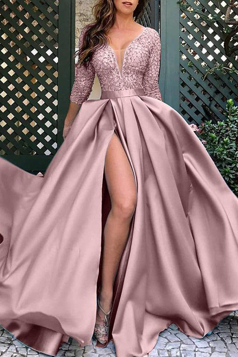 Elegant Solid Sequins Patchwork V Neck Evening Dress Dresses - View 6 | VelvetHem