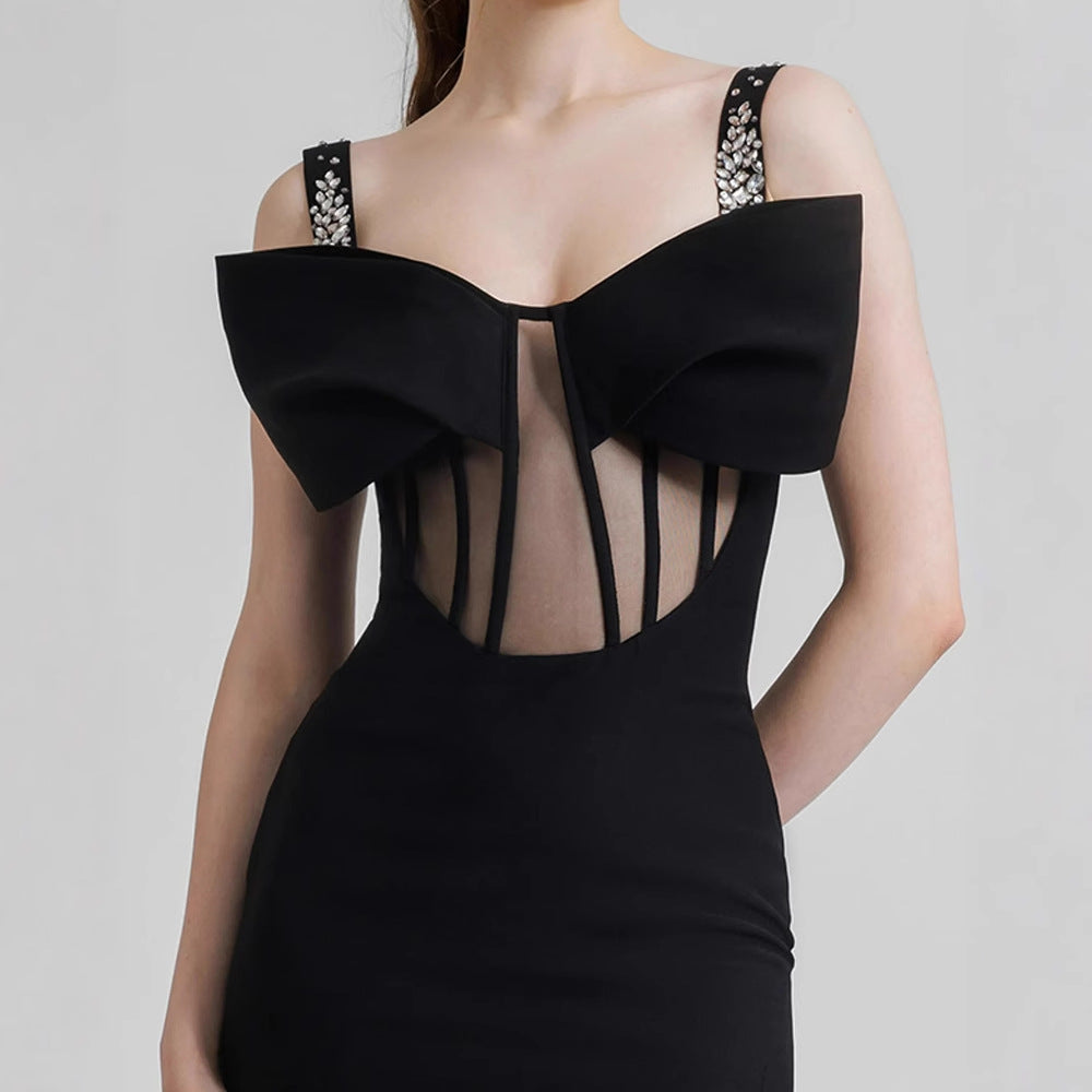 Diamond Strap Bow Slit Elegant Prom Dress - VelvetHem