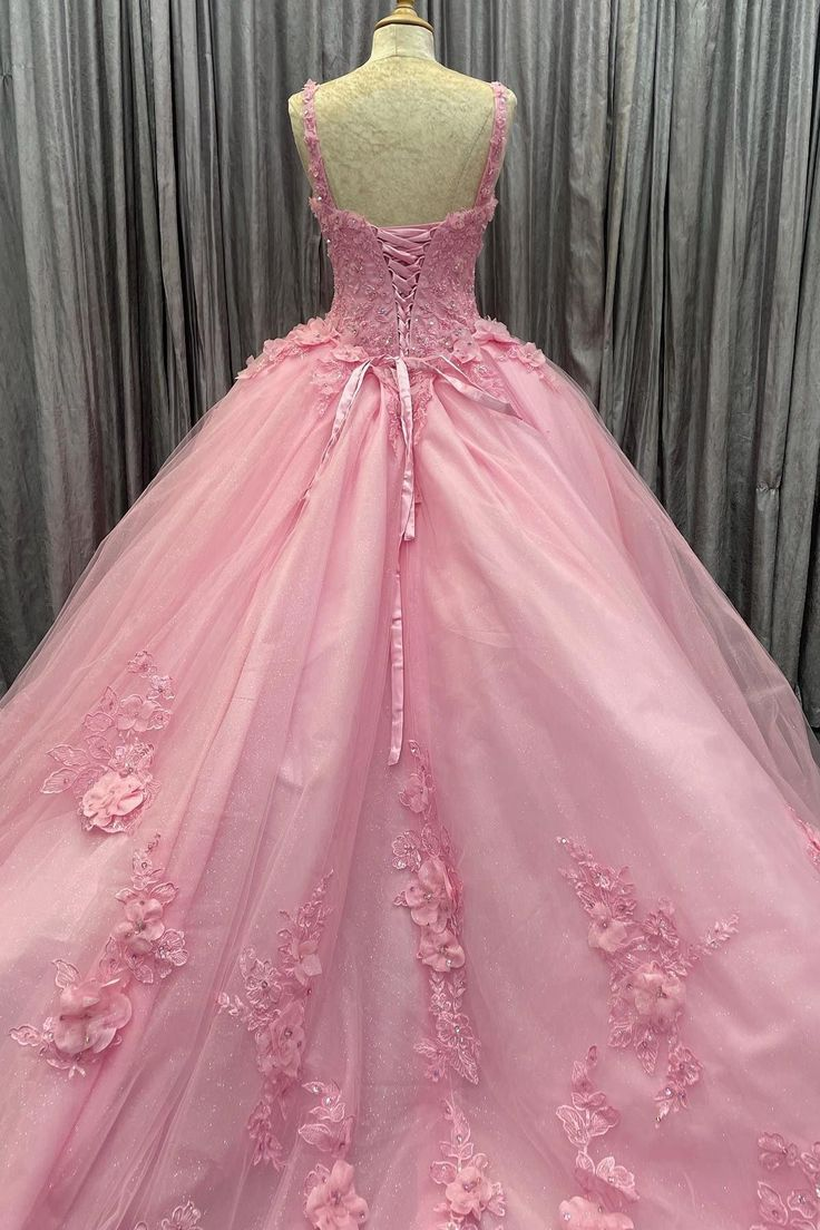 Chic Pink Tulle Floral Appliques Quinceanera Dress Two-Wear Ball Gown - View 2 | FashionDia