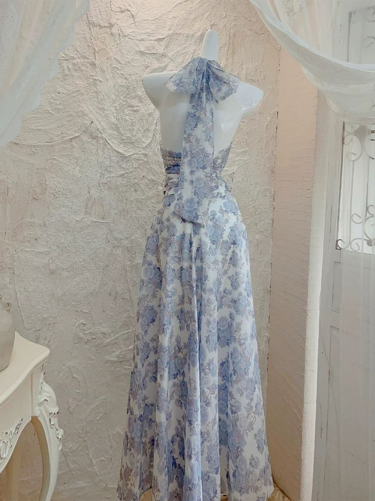Sexy Chiffon Print Floral Long Prom Dress Halter V-Neck Party Evening Gown - View 3 | FashionDia