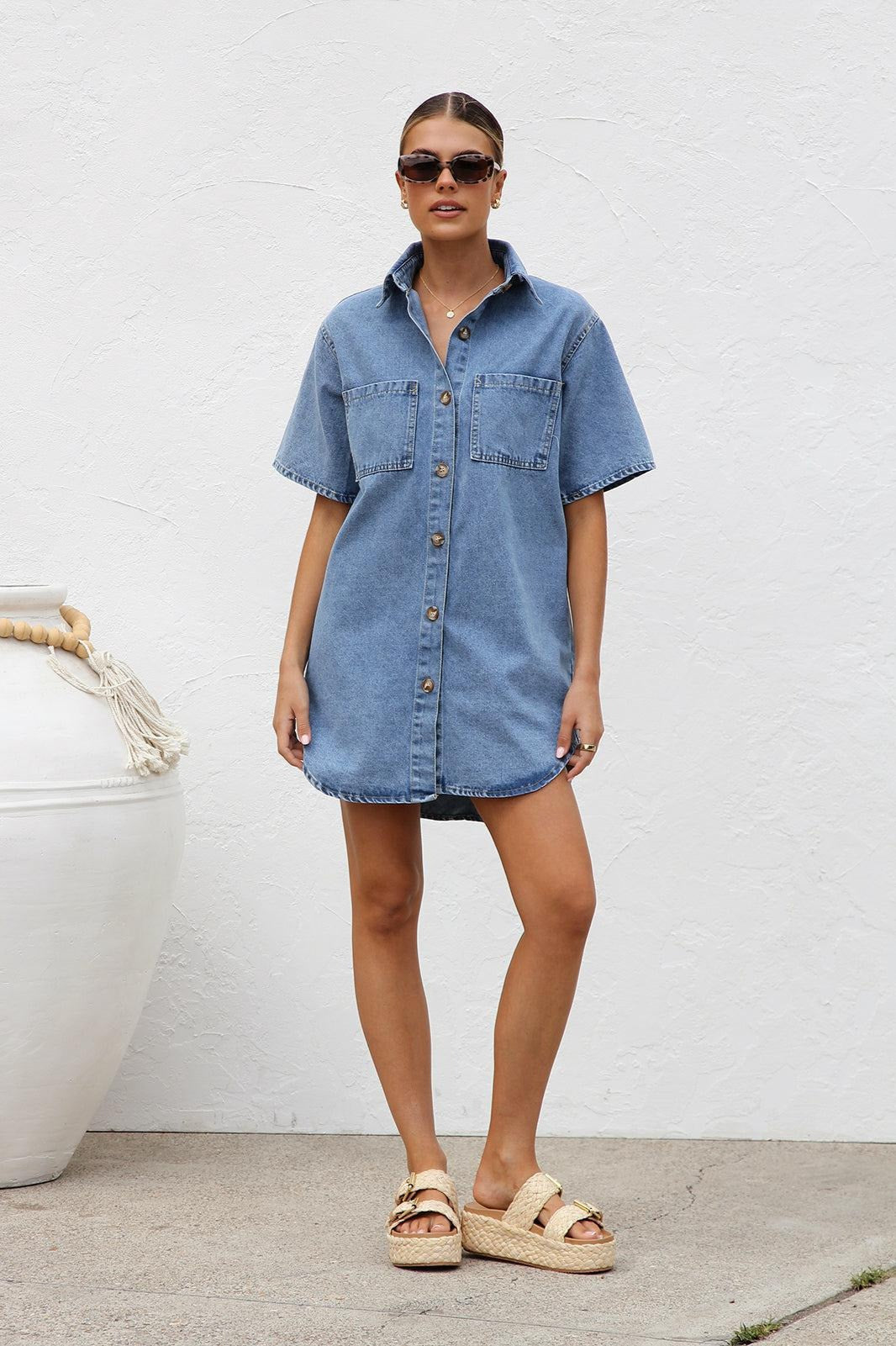 Short Sleeve Shirt Denim Dress - View 7 | VelvetHem