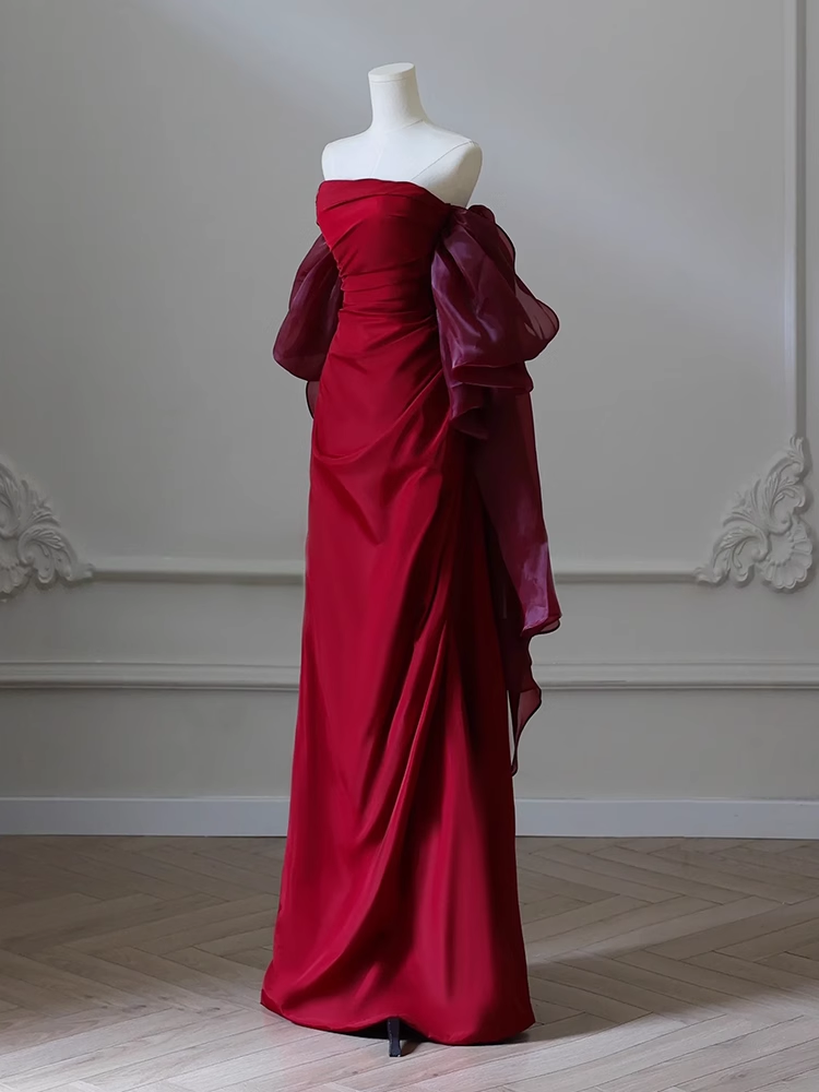 Burgundy Strapless Pleats Prom Dress Elegant Mermaid Evening Dress Wedding Party Dress - View 4 | FashionDia