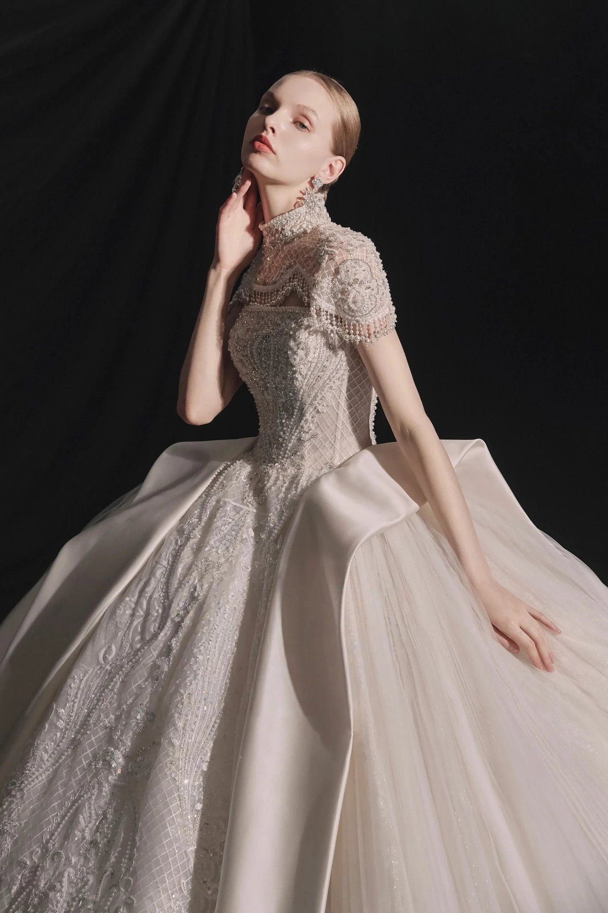 Regal High-Neck Ball Gown Beaded Mesh Capelet Satin Panel Wedding Dress with Embroidered Train (ZD16902)