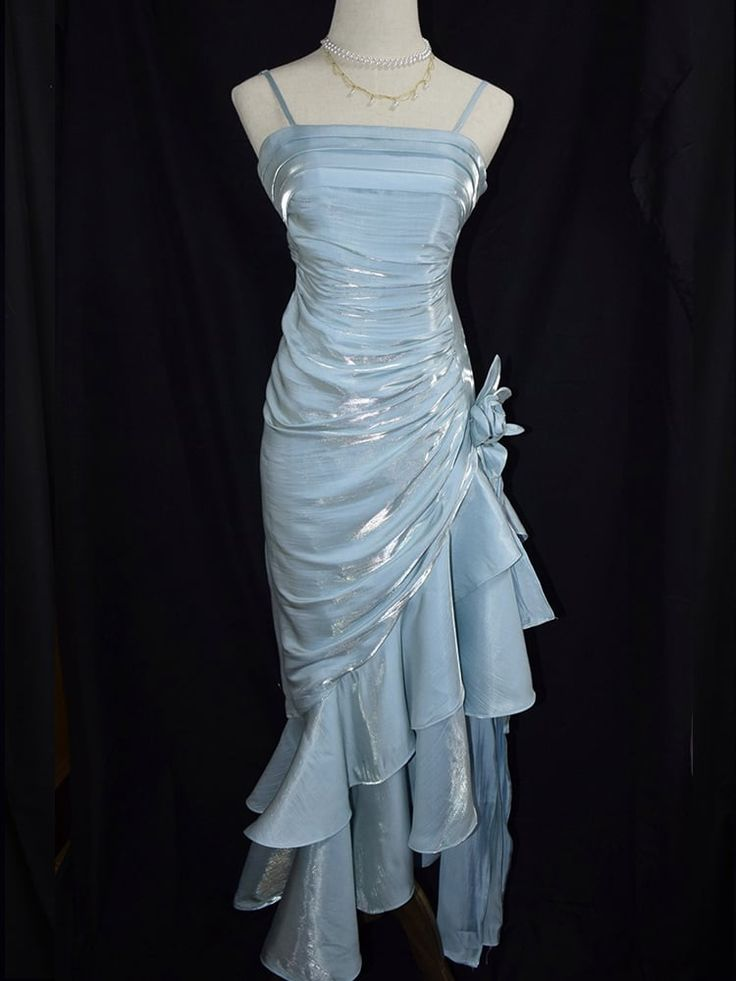 Charming Baby Blue Vintage Floral Dress Asymmetrical Hem Prom Dress Party Gown