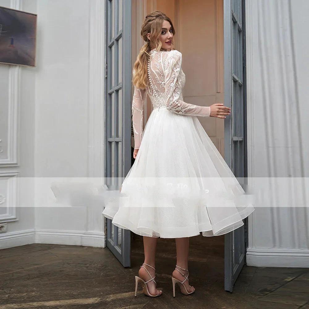 High Collar With Sleeve Luxury Applique Wedding Dress Short Tulle Custom Elegant Tea Length Bride Gown Button Vestidos (ZD13504)