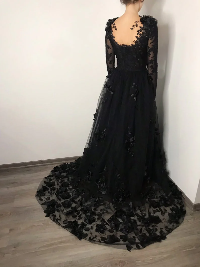 Black Lace Wedding Dress Long Sleeves Bridal Gown J8748