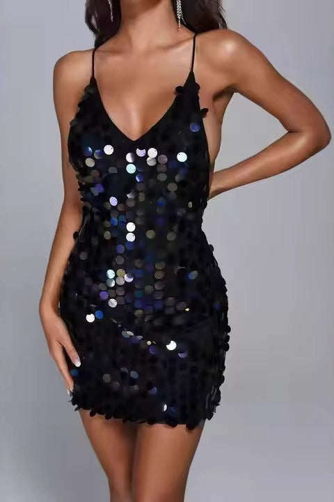 Deep V Backless Camisole Sequin Dress - View 3 | VelvetHem