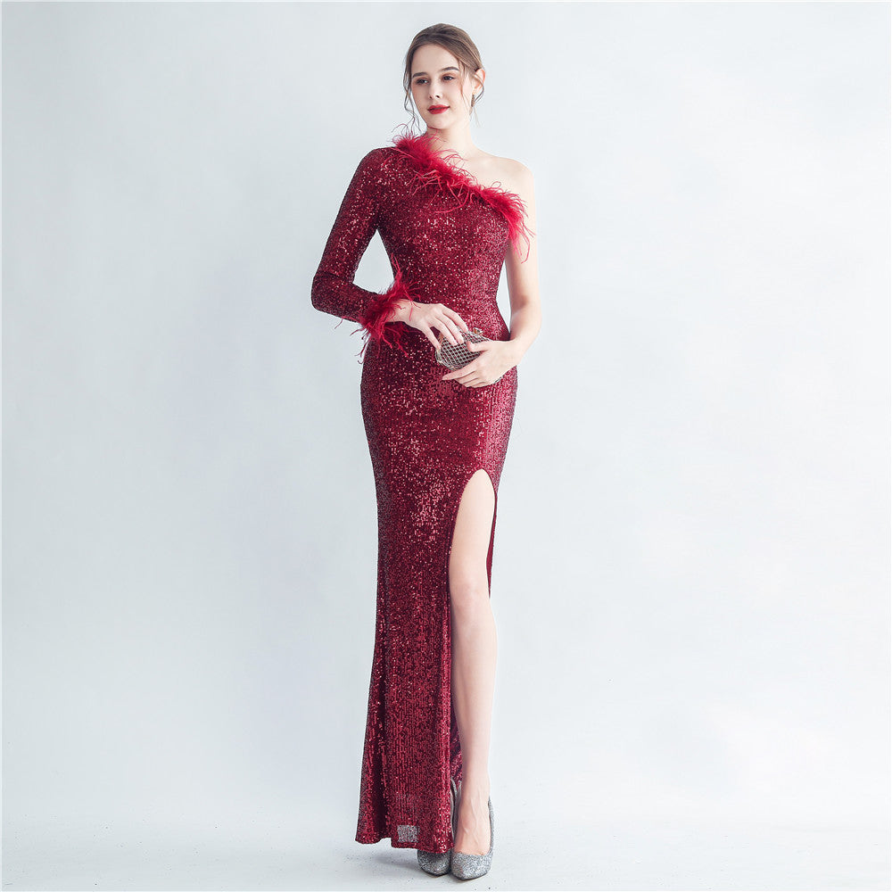 Craft Ostrich Feather Diagonal Shoulder Roman Collar Evening Dress - View 3 | VelvetHem