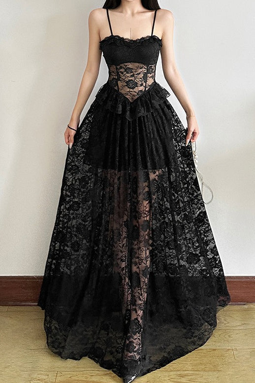 Sleeveless Ruffled Waist Maxi Lace Dress - View 5 | VelvetHem