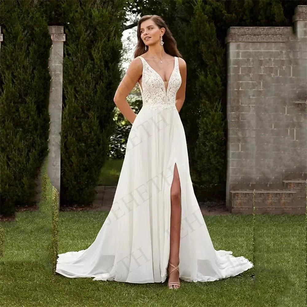Wedding Dresses Vintage A Line Boho Lace V Neck Split Sleeveless Bridal Gown Vestidos De Novia Backless Appliques Women (ZD13403)