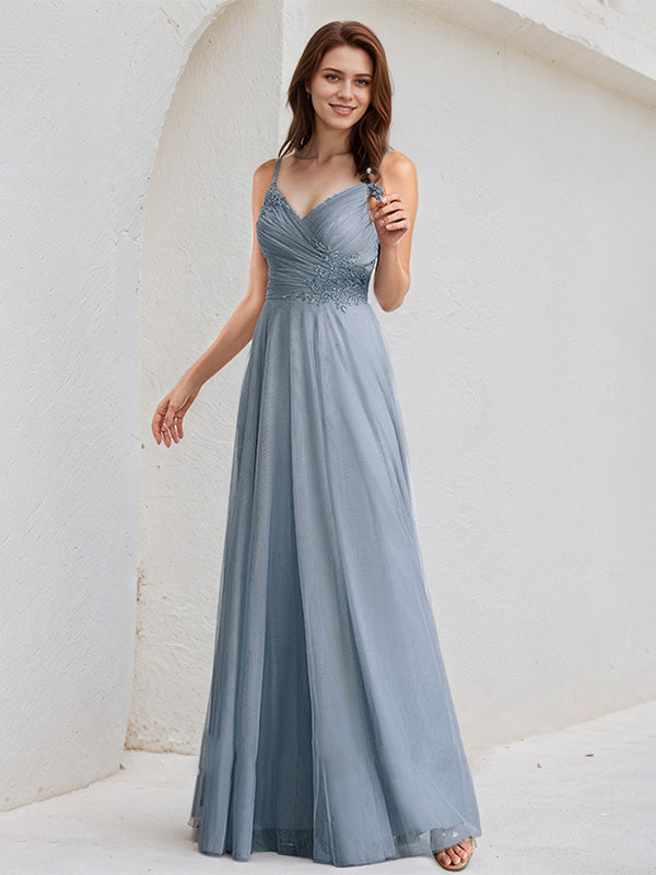 Dusty Blue A-Line V-Neck Floor-Length Lace Tulle Bridesmaid Dress
