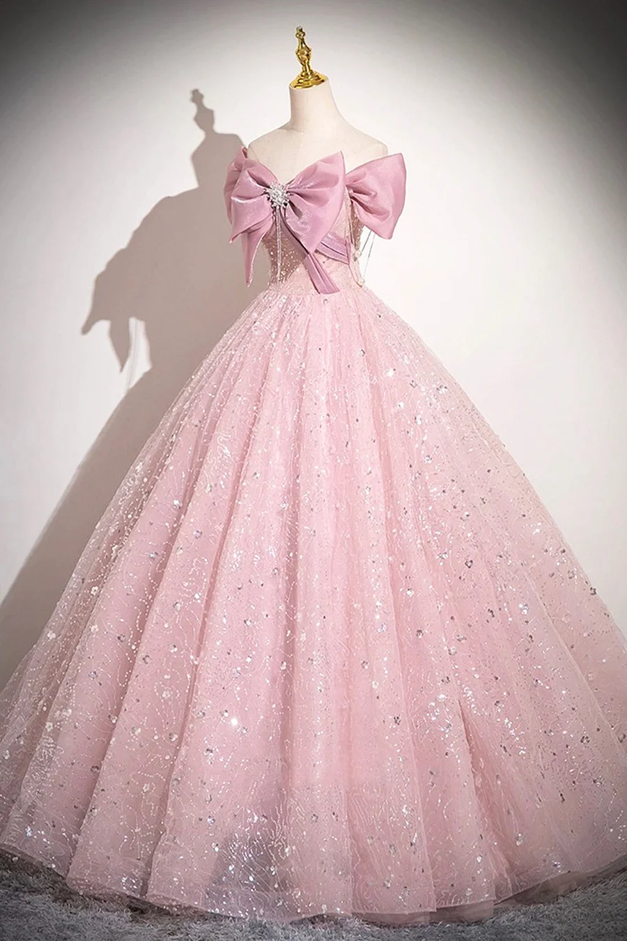 Cute Pink Tulle Sequins Long A-Line Ball Gown, Off-the-Shoulder Sweet 16 Dress