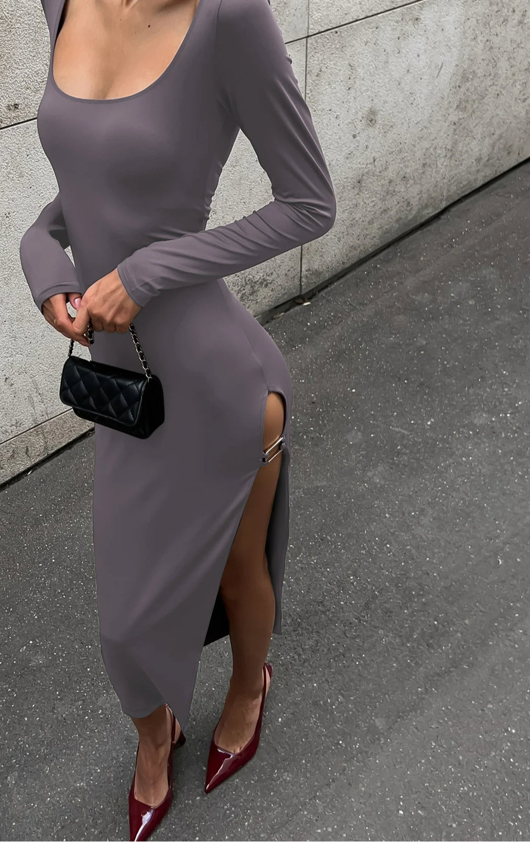 Slit Button Long Sleeve Midi Dress - View 4 | VelvetHem