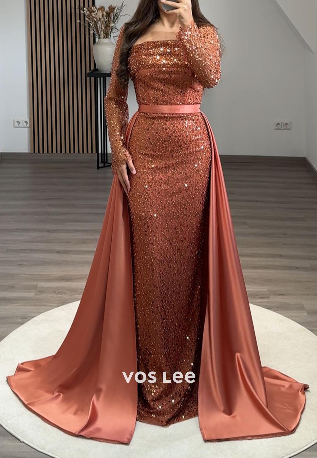 Detachable Train Long Sleeves Pleated Evening Formal Dresses