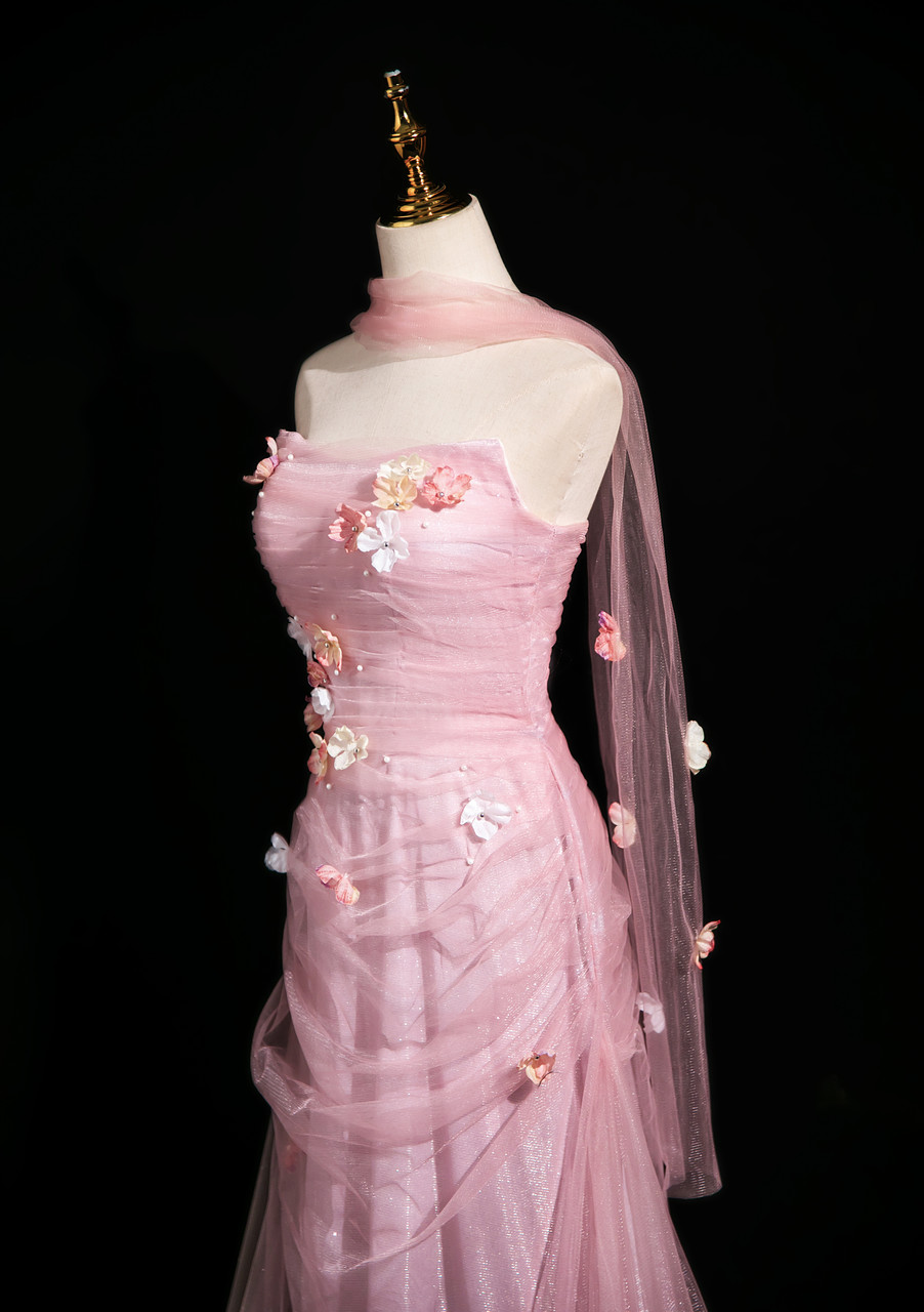 Pink Mermaid Tulle Strapless Flower Long Prom Dress J8158