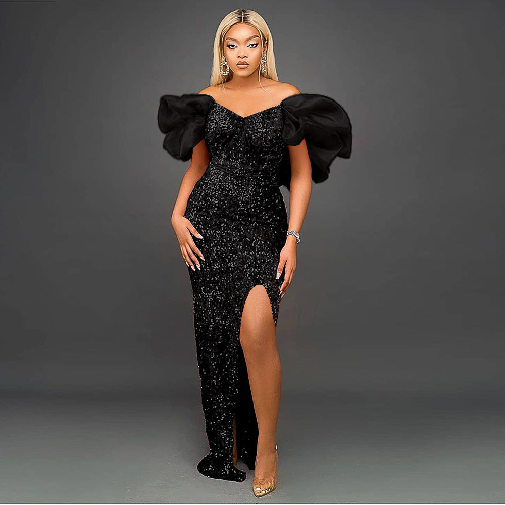 Sexy Ruffles V-neck Elegant Sequ High-End Maxi Dress Ladies Banquet Evening Dress Women Party Dre - View 2 | VelvetHem