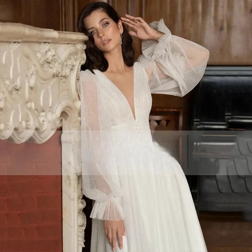 Elegant Glitter Tulle Deep V-Neck Wedding Dresses Princess Shiny Lantern Sleeves Backless A-Line Pleated Bridal Gowns (ZD13339)