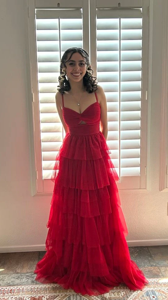 Red Layered Long Prom Dresses Spaghetti Straps Tulle Party Dress J8759