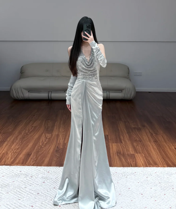 V Neck Satin Prom Party Dress Mermaid Sparkling Evening Dress Graduation Dress