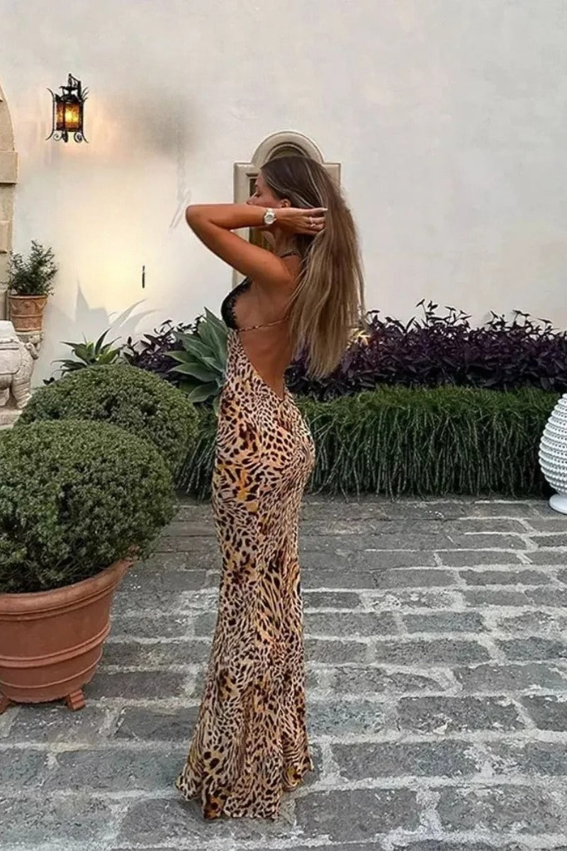 Leopard Print Lace Trimmed Maxi Dress - View 4 | FashionDia