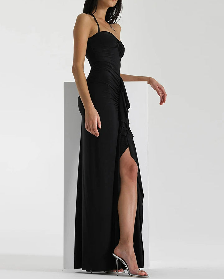Ruched Bandage Split Halter Maxi Dress - View 4 | VelvetHem