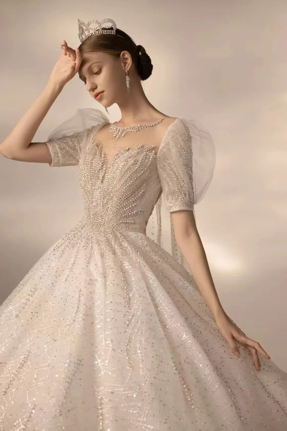 Sparkling Ball Gown Sweetheart Neck Tulle Wedding Dress with Beaded Embroidery & Sheer Puff Sleeves Q6021 by ZAPDRESS