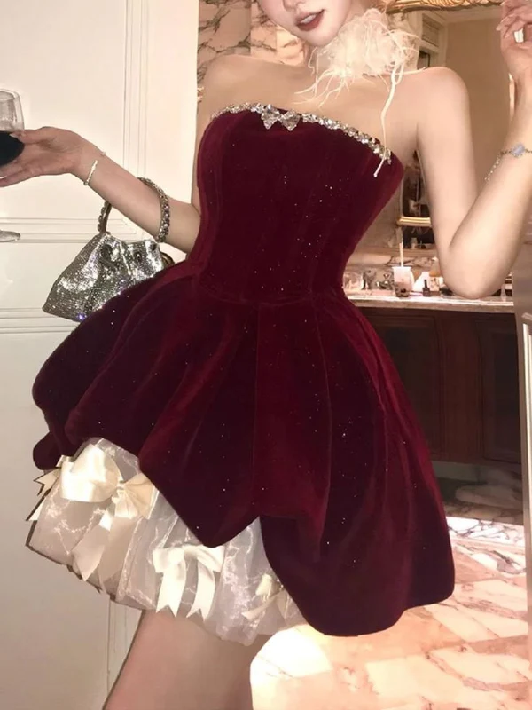 Strapless Burgundy Velvet Mini Homecoming Dresses Cocktail Birthday Outfits