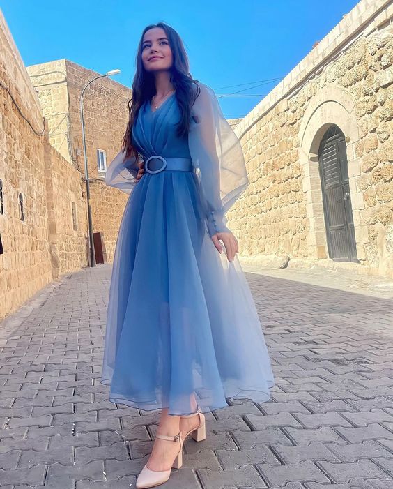 Blue Midi Formal Gown, Party Prom Dresses