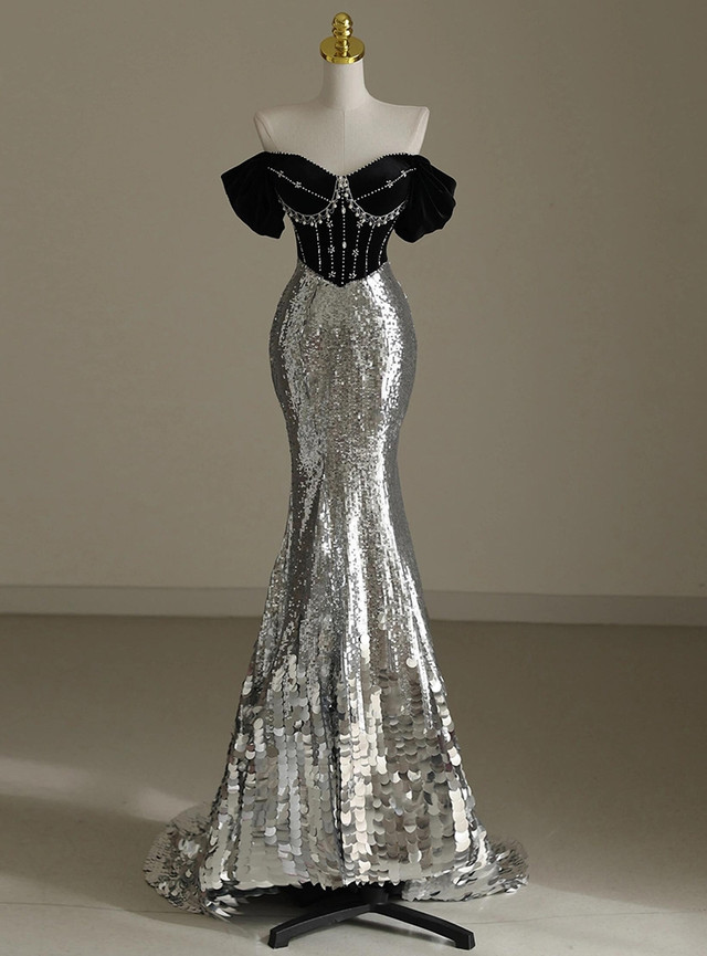Chic Silver Mermaid Sequins Off the Shoulder Beading Prom Dress Evening Dress Y7613 - VelvetHem