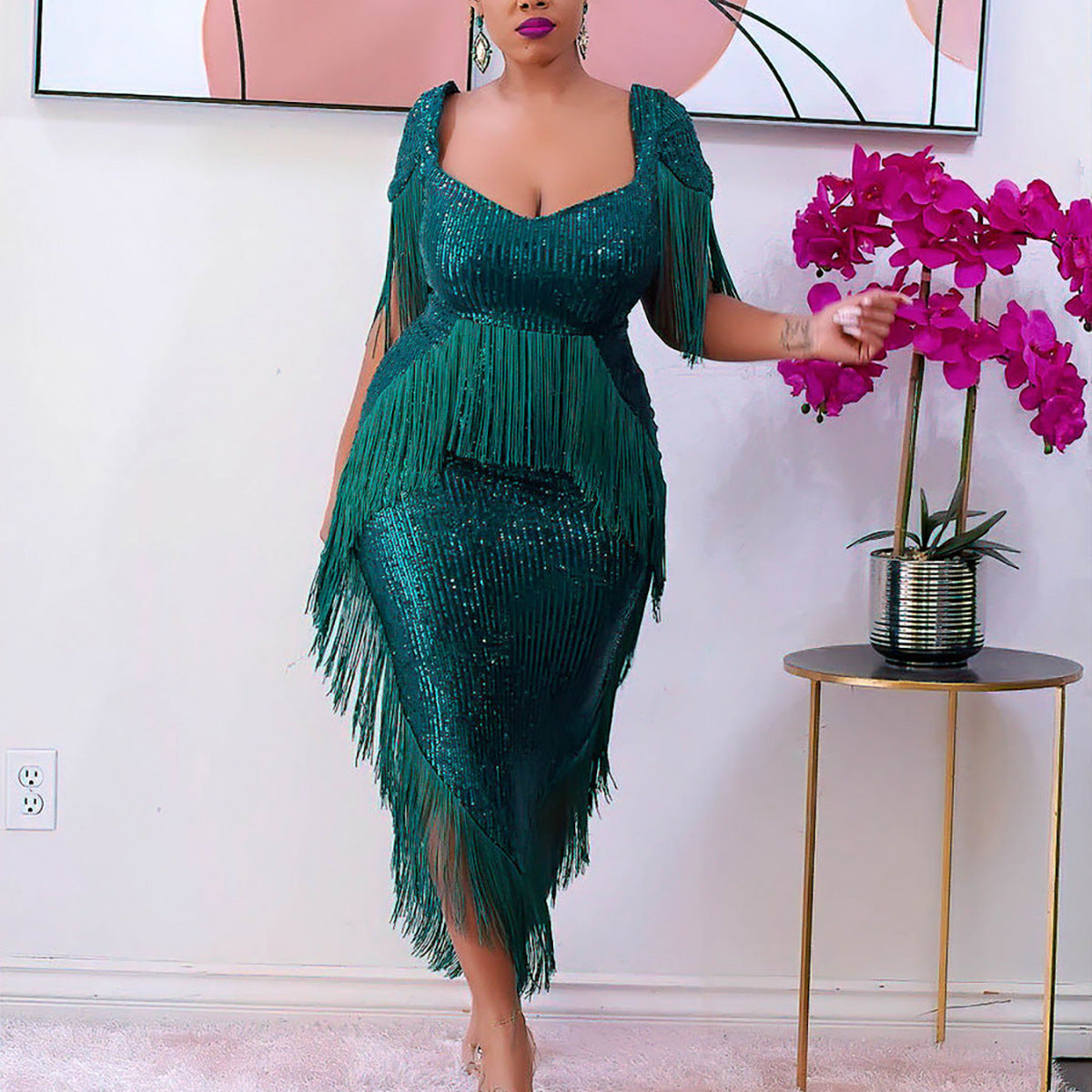 Evening Dress Sequined Tassels Slim Fit Sexy Bridesmaid Dress Women - View 4 | VelvetHem