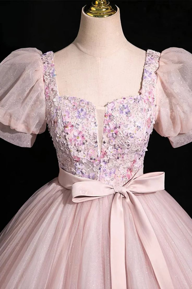 Pink Short Sleeves Floor-Length Tulle Long Prom Dress, Long Pink Tulle Formal Evening Dress - View 2 | FashionDia
