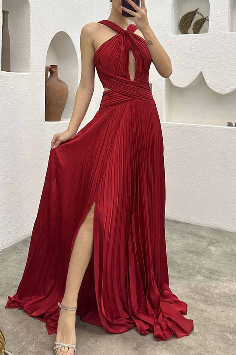 Elegant Solid Fold Halter Evening Dress Dresses - VelvetHem