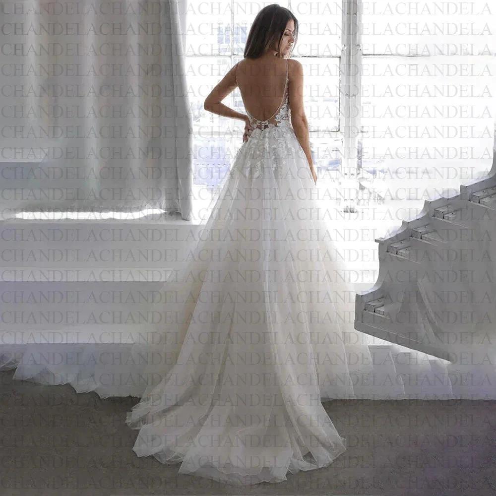 Tulle V-Line Wedding Dresses Deep V-Neck Spaghetti Strap Lace Appliques Backless Pleat Customised Vestidos De Novia (ZD13401)