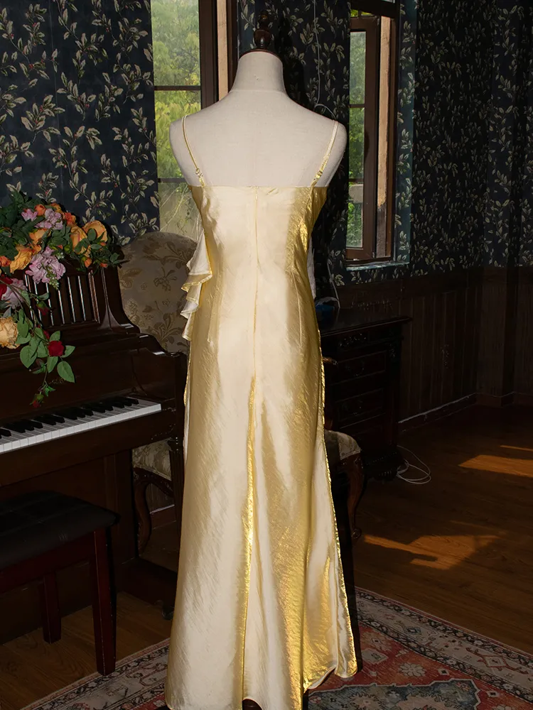 Vintage Yellow Floral Embellished Evening Gown Fairy Princess Party Evening Dress - View 4 | FashionDia