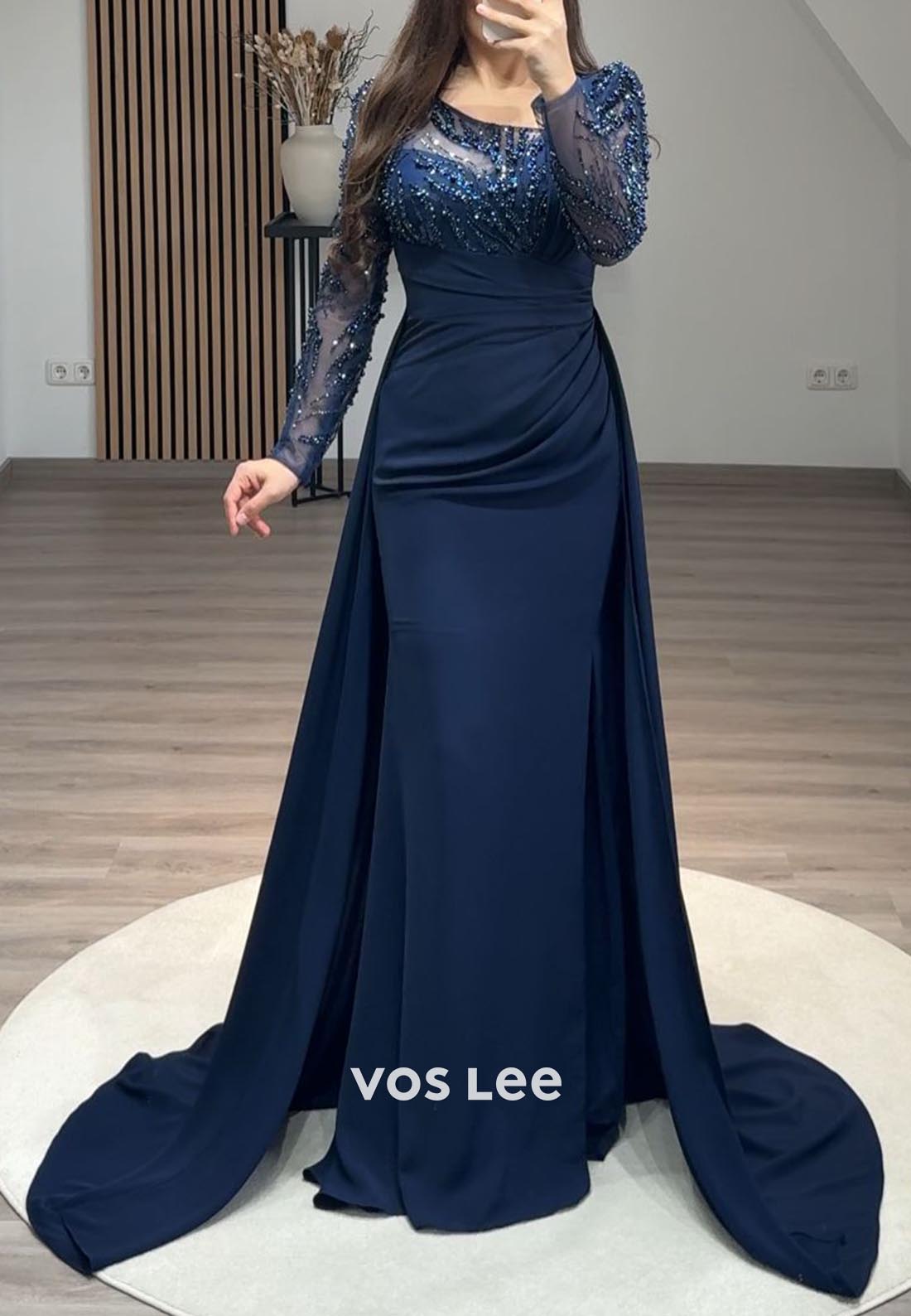 Pleated Beading Long Sleeve Illusion Neck Sweep Train Formal Dresses